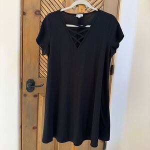 NWOT Lovefire (XL) ribbed black cross cross front mini shirt dress